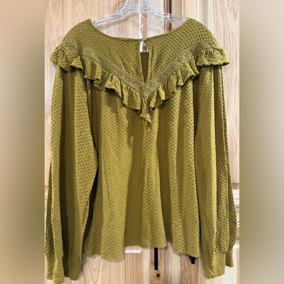 J. Crew Olive Gold Textured Boho Rustic Fall Cottagecore Blouse with Ruffle Trim - Picture 7 of 10